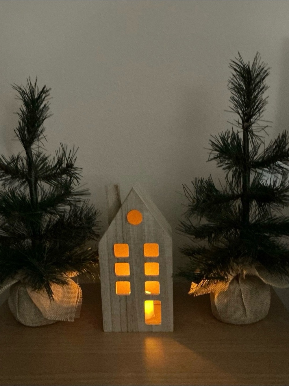 Target Lit Wood House with Tealight  with 2 Mini Artificial Christmas Trees